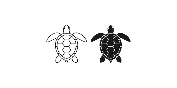 Set of sea turtle icons featuring outline and solid black graphic designs for marine wildlife educational materials.