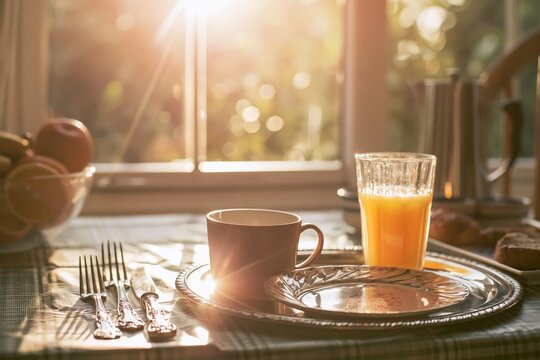 Breakfast tray with eggs, toast and coffee in window light; fresh side angle, layered linen