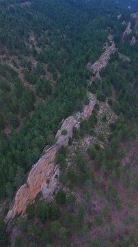 Aerial drone view of the pine forests and crags in Muro de Aguas, in the Arnedo region. Eastern Rioja or Lower Rioja. Autonomous Community of La Rioja. Spain. Europe