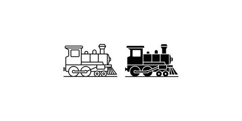 Steam locomotive train icon set featuring outline and solid styles for transportation design. © Saba