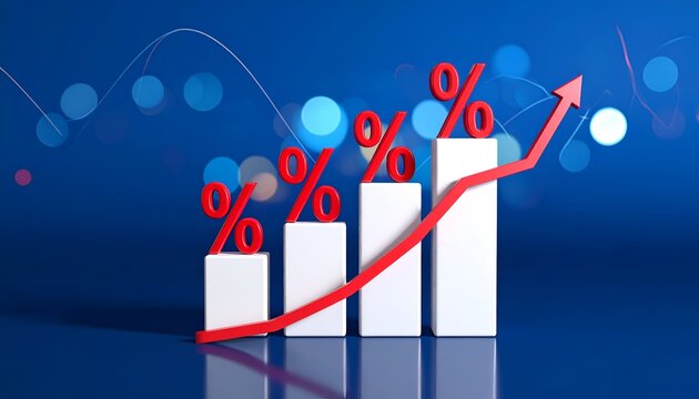 Minimal white bar chart with red percentage symbols and a curved upward arrow, symbolizing rising interest rates, financial progress, business growth, and economic development.