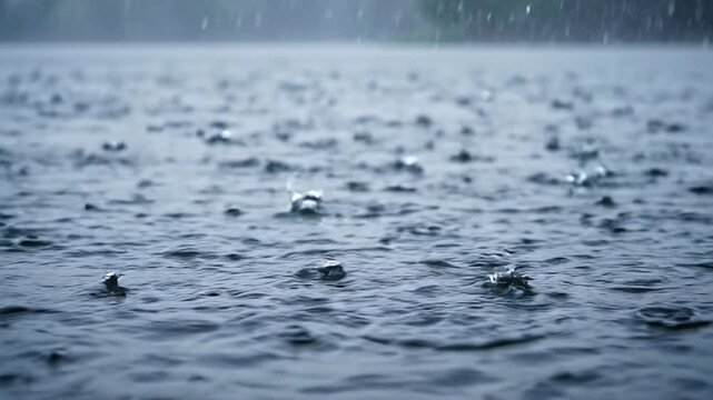 Heavy rain falling on the surface of a dark lake with creating continuous ripples small water splashes falling onto video heavy precipitation environment atmospheric