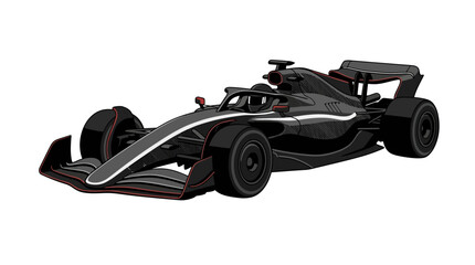 Obraz premium Modern Formula 1 Racing Car Vector Illustration Featuring a Sleek Black Body with Red Accents and Carbon Fiber Textures in a Three-Quarter Perspective View Isolated on White Background