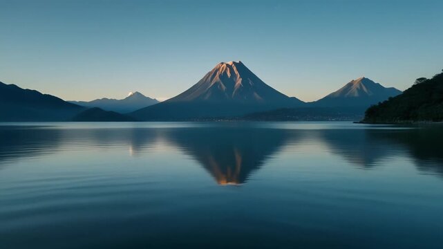 San pedro volcano symmetrical reflection on still lake water at dawn