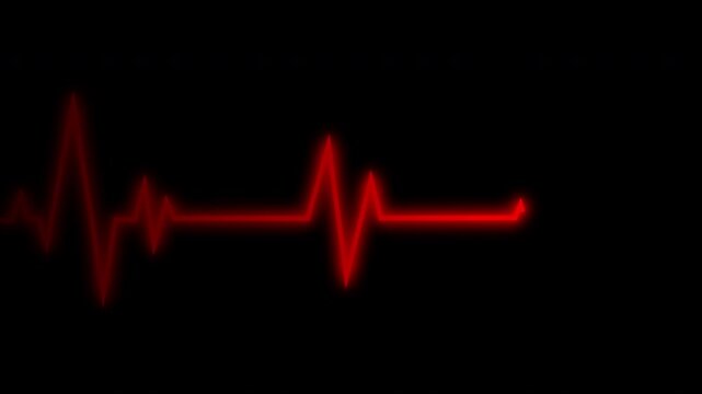 Red ECG heartbeat flatline on black background. Medical concept of a heartbeat waveform fading to a flatline on a dark background representing. Digital heartbeat monitor showing a flatline. 4K Video.