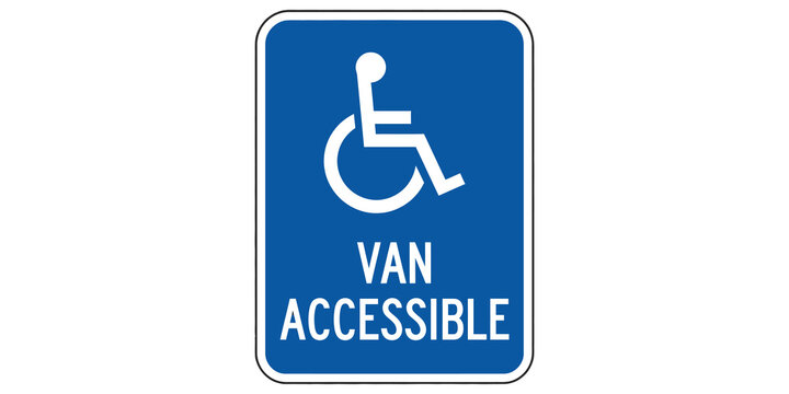 Van accessible parking sign with blue background and white wheelchair graphic for designated disability parking spaces.