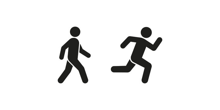 Walking and running human stick figure icons in black silhouettes for movement and physical activity concepts.