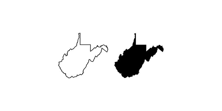 Outline and solid black silhouettes of West Virginia state map for educational and cartographic projects.