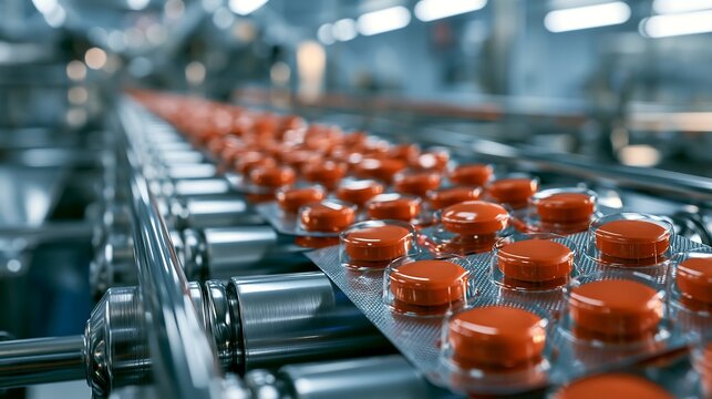 Orange pills in blister packs moving along a conveyor belt isolated on transparent background. Ideal for pharmaceutical manufacturing and healthcare industry concepts.