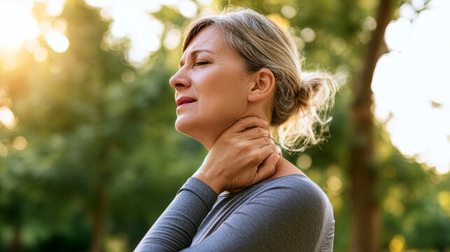 an active middle-aged woman pausing during an outdoor morning walk in a park, gently touching the side of her neck with a realistic expression of muscle strain