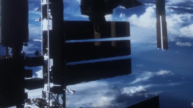 The scene shows the space station floating in low Earth orbit with clouds and blue sky in the background. Sunlight illuminates the structure, highlighting its shape and design.