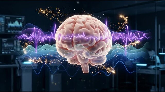 The animation shows a human brain with waves and signals around it in a lab setting. Scientists analyze data to understand brain functions and activities