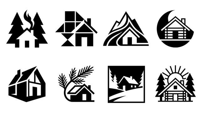 Set of Black and White Cabin and Forest Icons - Vector Illustration