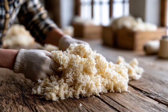 Artisan hands working with raw wool fleece on rustic wooden table in traditional textile workshop