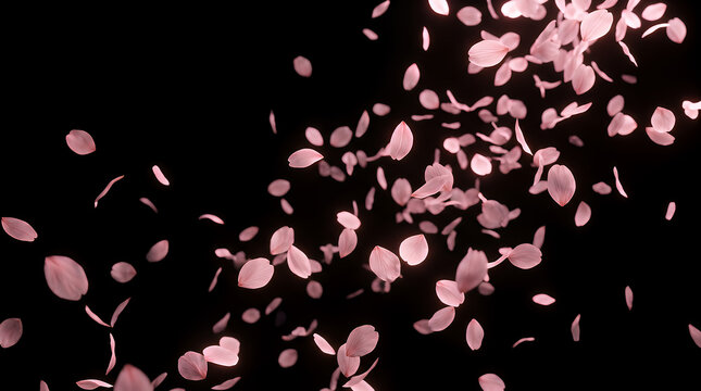 Cherry blossom petals in pink shades float dynamically across a solid black background, creating a beautiful and elegant floral design element for spring projects.