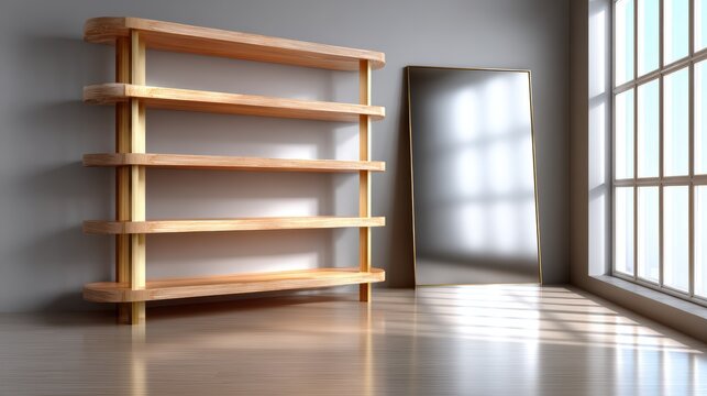Modern empty wooden bookshelf and mirror in minimalist interior