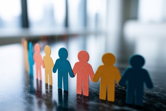Colorful paper people cutouts standing in a curved line on dark surface symbolizing diversity and community unity