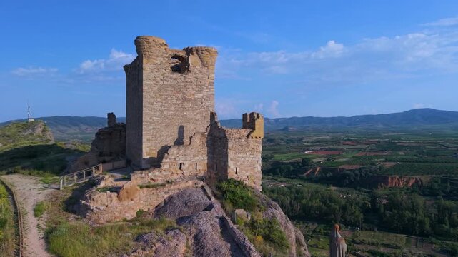 Aerial view from a drone of the area surrounding Quel Castle. Arnedo region. Eastern Rioja or Lower Rioja. Autonomous Community of La Rioja. Spain. Europe