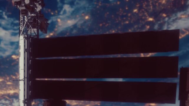 A satellite in low Earth orbit displays its solar panels. The scene shows Earth below with some clouds and land areas visible. The panels are currently flat and inactive.