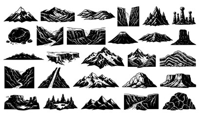 Fototapeta premium Vintage Geological Mountain Peak and Rocky Landscape Vector Set