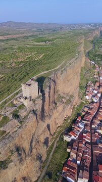 Aerial view from a drone of the area surrounding Quel Castle. Arnedo region. Eastern Rioja or Lower Rioja. Autonomous Community of La Rioja. Spain. Europe