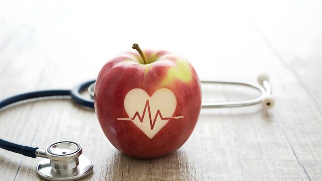 Red apple with heart rhythm symbol and medical stethoscope for healthy lifestyle concept