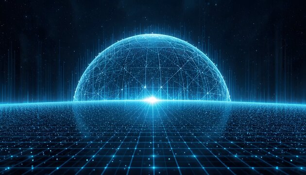 Futuristic quantum data sphere glowing in a digital cyberspace network landscape.