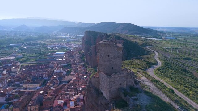 Aerial view from a drone of the area surrounding Quel Castle. Arnedo region. Eastern Rioja or Lower Rioja. Autonomous Community of La Rioja. Spain. Europe