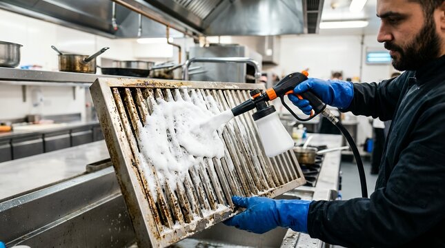 Technician cleaning commercial kitchen hood baffle filter with active degreasing foam spray.