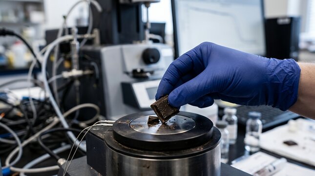 Researcher testing dark chocolate sample on a rheometer in a food science laboratory.