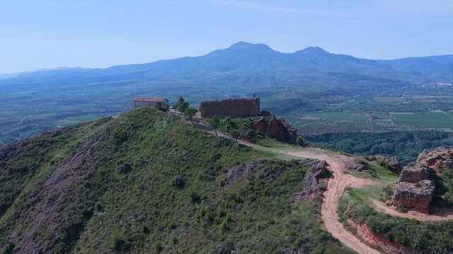 Aerial drone view of the area surrounding Herce Castle and Hermitage. Arnedo region. Eastern Rioja or Lower Rioja. Autonomous Community of La Rioja. Spain. Europe