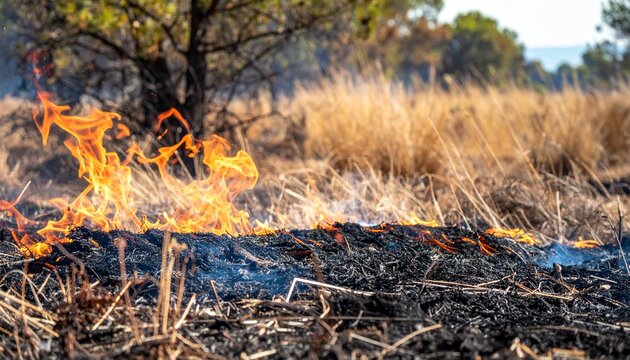 Wildfire burning dry grass field spreading flames and smoke in rural countryside landscape