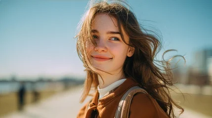 Happy Young Woman Smiling Outdoors with Wind Blowing Through Hair © sema_srinouljan