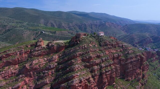 Aerial drone view of the area surrounding Herce Castle and Hermitage. Arnedo region. Eastern Rioja or Lower Rioja. Autonomous Community of La Rioja. Spain. Europe