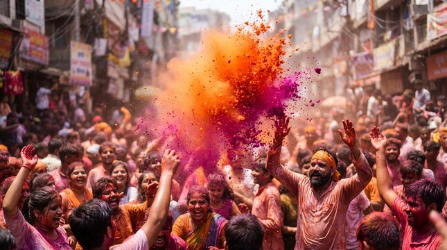Vibrant Ganesh Visarjan celebration with colorful gulal powder explosion in city street.