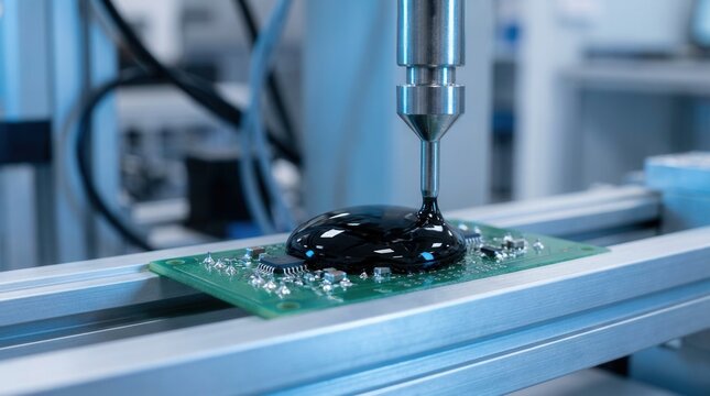 Medium closeup of the glob top encapsulation process for insulating electronic components with resin