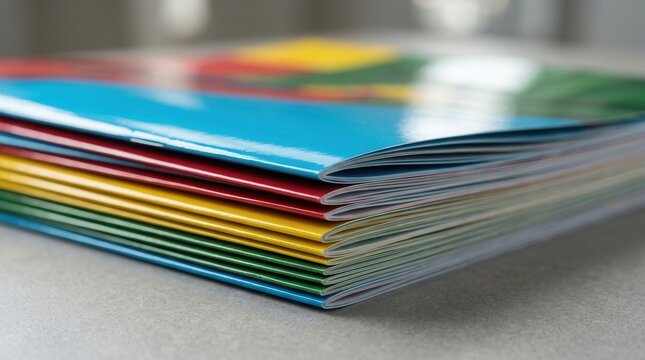Neatly piled highsheen coated catalog sheets highlighting sharp colors and crisp text on professional brochure covers after lamination.