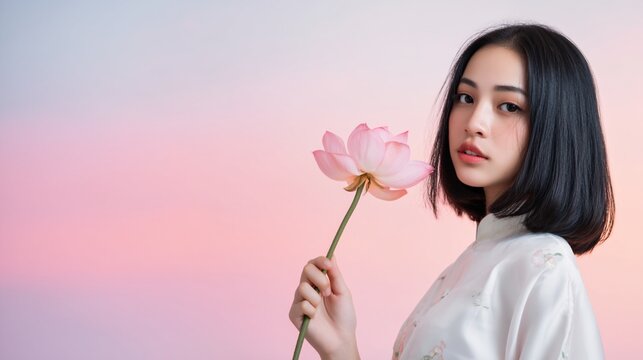 Young thai person gracefully holding a lotus flower set against a gentle pastel gradient backdrop