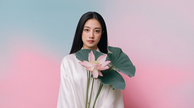 Calm young thai person gently holding a lotus flower with a soothing pastel gradient backdrop