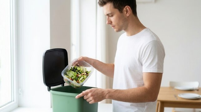 Young man throwing food into a green recycling bin indoors.