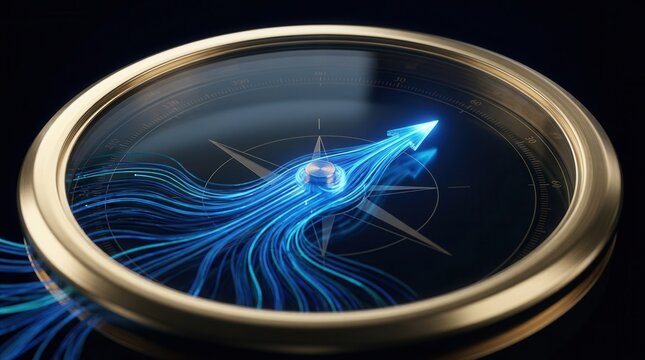 A compass with a needle made of data streams oriented to true north on a dark background with gold and blue tones.