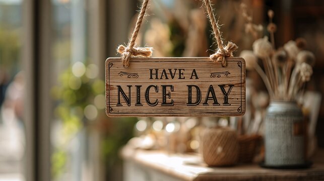 Delightful wooden sign wishing everyone a pleasant day displayed outside a charming boutique