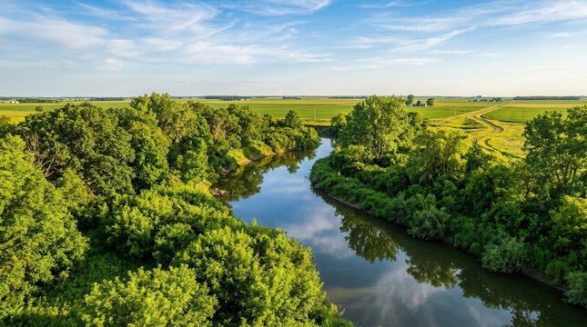 Riparian buffer zones with dense tree and shrub plantings alongside a stream to prevent erosion and protect water quality in farmland.