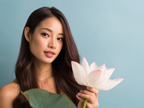 Young thai woman gracefully holding a stunning lotus flower set against a gentle pastel blue backdrop