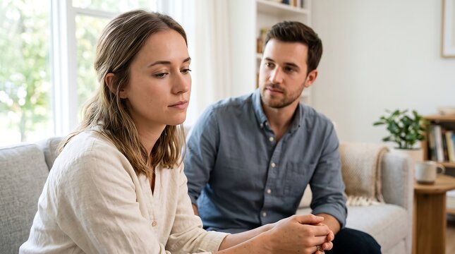 A young couple sitting on a couch, looking concerned and thoughtful, possibly discussing a difficult issue.