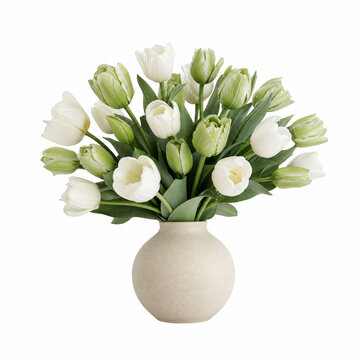 A bouquet of white tulips arranged in a simple ceramic vase against a white background, suitable for floral, home decor, or spring themes.