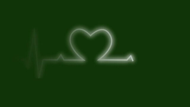 Green medical heartbeat flatline animation with heart shapes. 4K Video. 