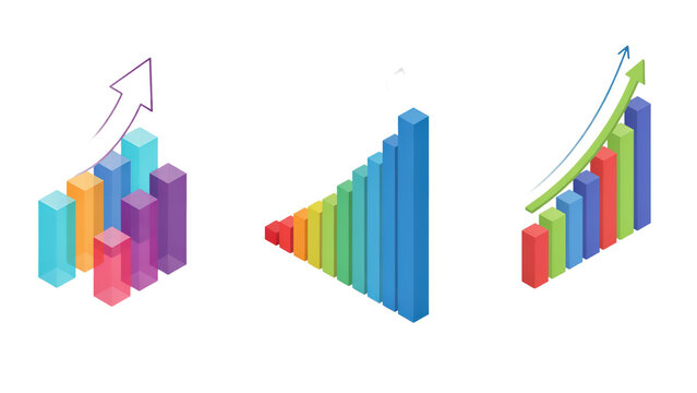 Three sets of isometric bar charts showing financial growth trends with upward pointing arrows and colorful... isolated on a transparent background