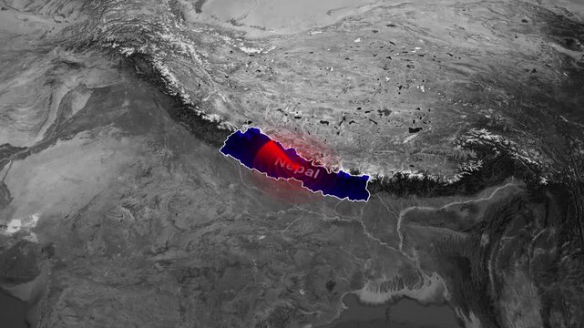 Monochromatic satellite map highlighting Nepal with a red radar scanning animation