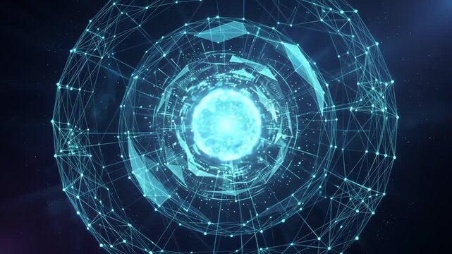 Cybersecurity technology and digital data protection. Glowing blue digital spheres with plexus lines rotate around a bright core. Ideal for high-tech security backgrounds.